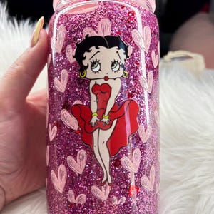 Betty Boop snowglobe glass cup/ 16oz glass cup/ rhinestone lid with glass straw/ iced coffee cup/