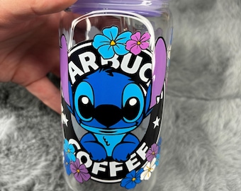 Stitch glass cup/ 16oz glass cup/ rhinestone lid with glass straw/ iced coffee cup/disney
