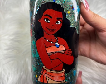 Moana snowglobe glass cup/ 16oz glass cup/ rhinestone lid with glass straw/ iced coffee cup/disney/princess