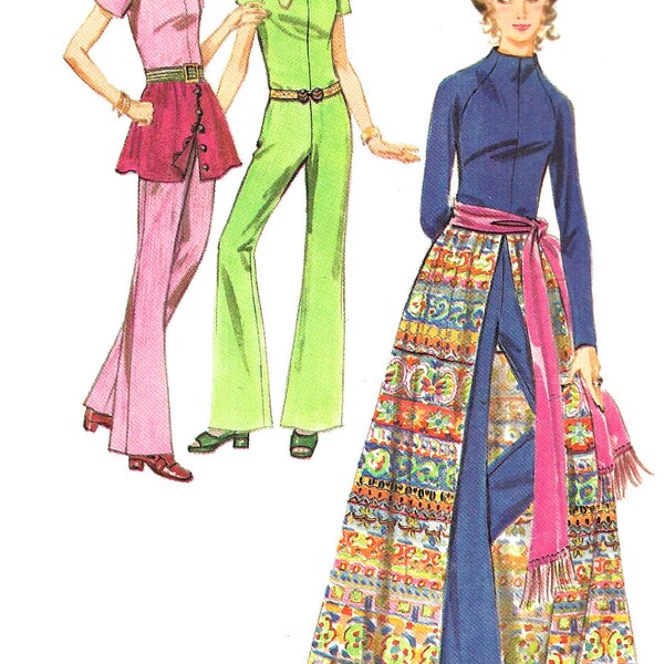Jumpsuit Skirt Pattern 1970s Butterick Vintage Sewing Sash Funnel Neck Women's Misses Size 12 Bust 34 Inches