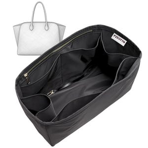 Könnte beinhalten: Schwarzer Handtaschen-Organizer mit mehreren Fächern und einem Reißverschluss. Der Organizer hat ein Etikett mit der Aufschrift "PZEOTYN" und eine Skizze einer Handtasche in der oberen linken Ecke. Entwickelt für größere Handtaschen.