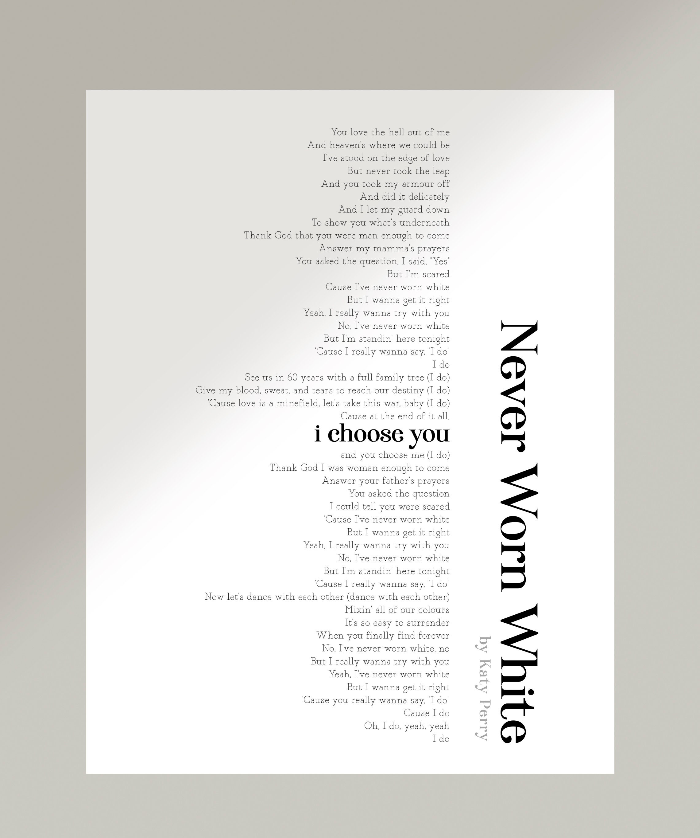 Song Lyric Wall Art Never Worn White Katy Perry Poster sold by