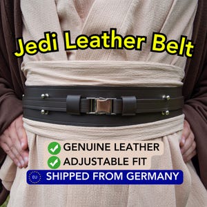 May include: A brown leather Jedi belt with a silver buckle and metal studs. The belt is adjustable and says "Genuine Leather" and "Adjustable Fit" in green tick marks. The text "Shipped from Germany" is also visible.