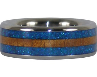 Blue Opal and Koa Wood Titanium Ring