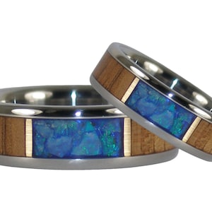Blue Opal and Hawaiian Koa Wood Ring Set