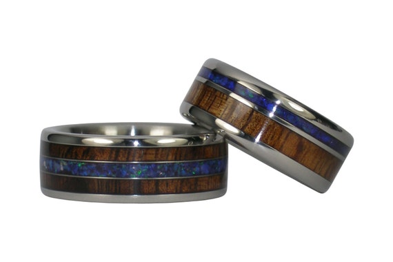 Black Opal and Dark Koa Wood Titanium Wedding Ring Set