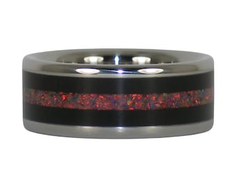 Black Wood Titanium Ring with Red Opal