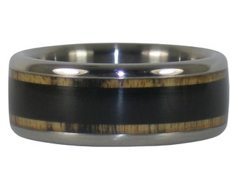 Wood Titanium Ring with Black and White Ebony