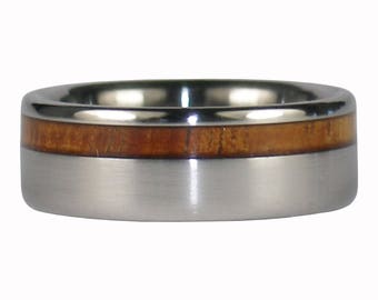 Hawaiian Koa Wood Titanium Ring Set with Offset Inlay Design