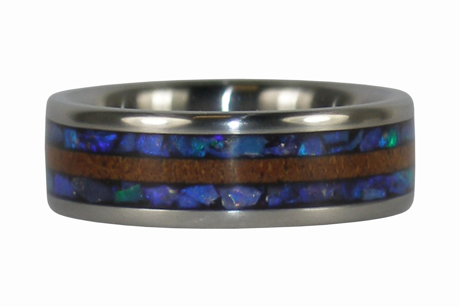 Australian Black Opal and Dark Koa Wood Inlay Titanium Ring