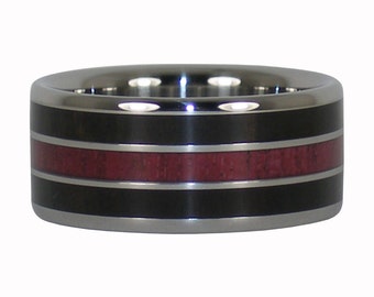 Mens Anniversary Titanium Ring with Black Wood and Purple Heart