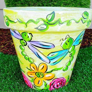 Floral Dragonfly - 4, 6, 8, 10&quot; Flowerpot, Hand Painted Pot, Colorful Terracotta Planter, Whimsical Garden Pot, Outdoor Decor, Gift Idea