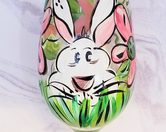 Spring Floral White Bunny Rabbit - Hand Painted Wine Glass, Whimsical Wineglass, Easter Glass, Spring Decor, Wine Lovers, Perfect Gift Idea