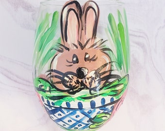 Spring Topiary Bunny Rabbit, Hand Painted Wine Glass, Easter Wine Glass, Whimsical Wine Glass, Perfect Gift
