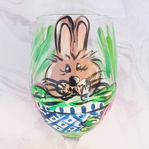Spring Topiary Bunny Rabbit, Hand Painted Wine Glass, Easter Wine Glass, Whimsical Wine Glass, Perfect Gift image 1