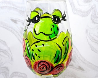 Floral Frogs - Hand Painted Wine Glass, Whimsical Wineglass, Novelty Glass, Spring Decor, Wine Lovers, Perfect Gift Idea