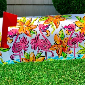 Floral Flamingo Whimsical Mailbox, Hand Painted Mailbox, Decorative Mailbox, Cute Gift