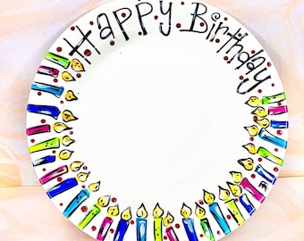 10" Happy Birthday Candle Ceramic Plate, Hand Painted Plate, Decorative Dish, Whimsical, Gift Idea