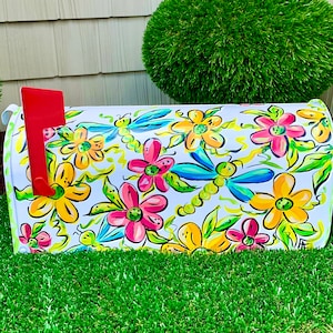 Floral Dragonfly Whimsical Mailbox, Hand Painted Mailbox, Decorative Mailbox, Cute Gift