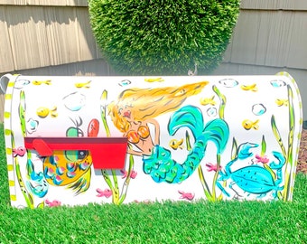 Hand Painted Mermaid Mailbox, Whimsical Decorative Yard Art