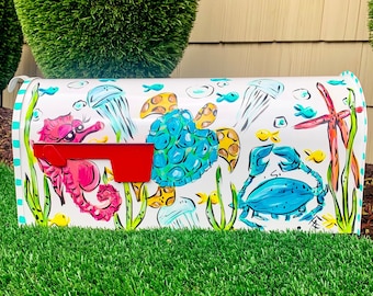 Turtle Sea Life Whimsical Mailbox, Hand Painted Mailbox, Decorative Mailbox, Cute Gift