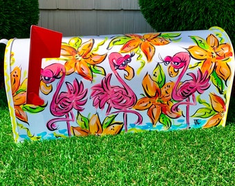 Hand Painted Floral Flamingo Mailbox, Decorative Whimsical Design
