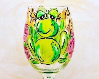 Hand Painted Frog Wine Glass – Whimsical Floral Pond Design
