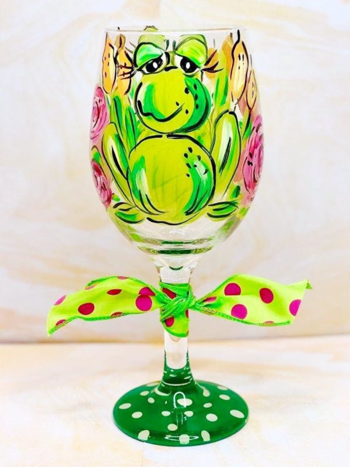 Happy Frog Wine Glass Hand Painted Wine Glass Bright Spring Etsy
