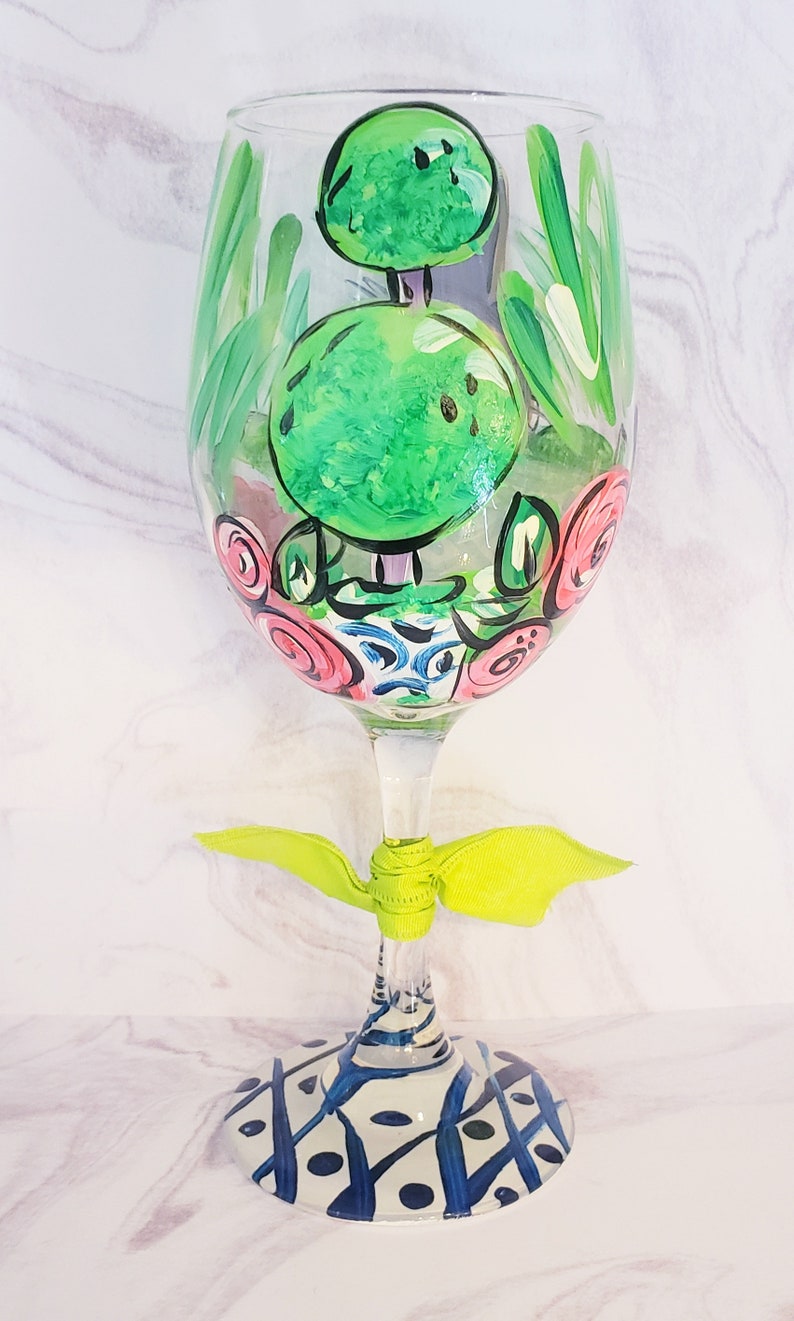 Spring Topiary Bunny Rabbit, Hand Painted Wine Glass, Easter Wine Glass, Whimsical Wine Glass, Perfect Gift image 2