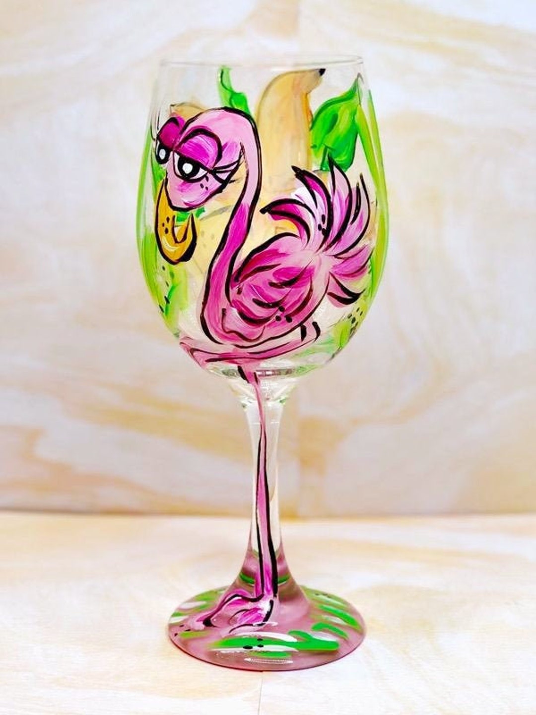 Pink Flamingo Wine Glass Hand Painted Wine Glass Whimsical Etsy
