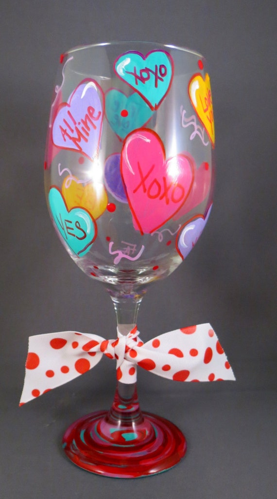 Candy Hearts Valentine S Day Hand Painted Wine Glass Etsy