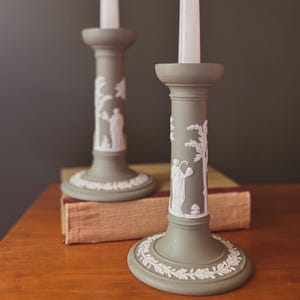Vintage Wedgwood Jasperware Sage Celadon Candlestick Set / White, Green, Made in England, Wedgewood / Pair, 2, Candleholder, Candelabra