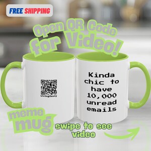 May include: Two white ceramic mugs with lime green interiors and handles. One mug features a black QR code with the text LivingZesty below it. The other mug displays the black pixelated text: Kinda chic to have 10,000 unread emails.
