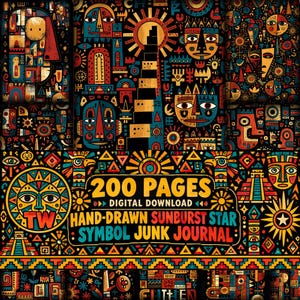 May include: A digital download junk journal featuring 200 pages of intricate, hand-drawn patterns with sunburst, star, and geometric symbols. The design uses a vibrant palette of yellow, red, blue, and black, showcasing stylized faces and pyramids.