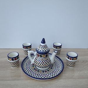 Moroccan Ceramic Tea Set, Hand Painted Teapot with 4 Cups & Tray, Colorful Geometric Pattern, Fez Pottery Mint Tea Set, Moroccan Tableware