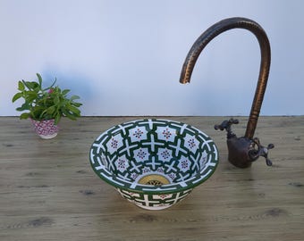 Ceramic Sink – Hand-Painted Moroccan Ceramic Sink – Green Geometric Fez Basin – Handmade Moroccan Sink – Unique Basin –Moroccan Ceramic Sink