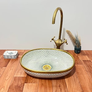 Ceramic Sink, Green White Scale Pattern Oval Basin, Moroccan Ceramic Sink With Copper Rim, Oval Vessel Basin, Handmade Copper Rim Sink