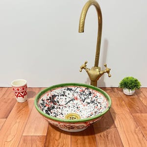 Waschbecken, abstrakt gespritztes schwarz-rotes Becken, marokkanisches Keramikwaschbecken, handbemaltes Aufsatzwaschbecken, rundes Aufsatzwaschbecken, Badezimmerwaschbecken