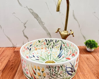 Keramikwaschbecken, Waschbecken mit Wildblumenwiesenmotiv, handbemaltes Aufsatzwaschbecken mit Muschelkante, handgefertigtes Badezimmerwaschbecken, Badezimmerwaschbecken, marokkanisches Waschbecken
