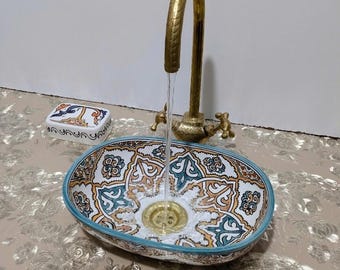Moroccan Ceramic Sink, Turquoise Orange Arabesque Basin, Moroccan Sink, Oval Vessel Sink, Handmade Sink,Unique Bathroom Sink,Multicolor Sink