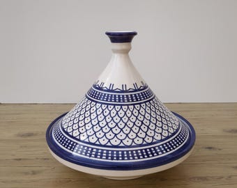 Moroccan Tagine – Hand-Painted Moroccan Tajine – Blue And White Geometric Ceramic Serving Dish from Fez-Handmade Pottery – Moroccan Tajine