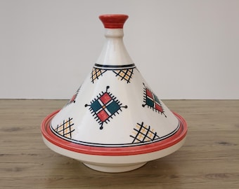 Moroccan Tagine – Hand-Painted Moroccan Tajine – Red And Multicolor Geometric Ceramic Serving Dish from Fez-Handmade Pottery – Gift Included