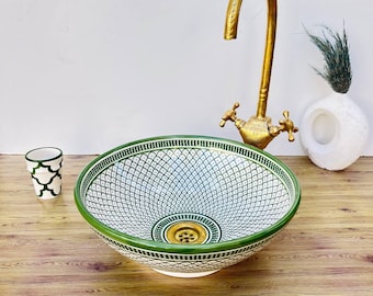 Keramische gootsteen, Marokkaanse keramische gootsteen, handgeschilderde gootsteen, grote badkamer, handgemaakt Fez-aardewerk, boho Marokkaans decor, badkamer Fez