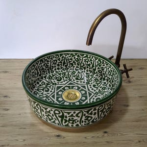 Lavabo de baño, lavabo de cerámica marroquí, lavabo arabesco verde y blanco, lavabo de sobreponer pintado a mano, lavabo redondo de encimera, lavabo de baño minimalista