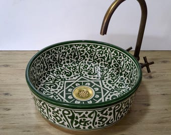 Lavabo de baño, lavabo de cerámica marroquí, lavabo arabesco verde y blanco, lavabo de sobreponer pintado a mano, lavabo redondo de encimera, lavabo de baño minimalista