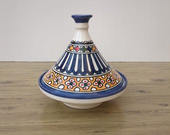 Blue Floral And Multicolor Geometric Ceramic Serving Dish from Fez – Hand-Painted Moroccan Tajine – Moroccan Tagine – Handmade Pottery