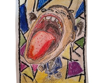 Screaming Face Original Drawing, Expressionist Pastel Wall Art, Grotesque Pop Art Portrait, Avant-Garde Fish Eye Perspective Artwork