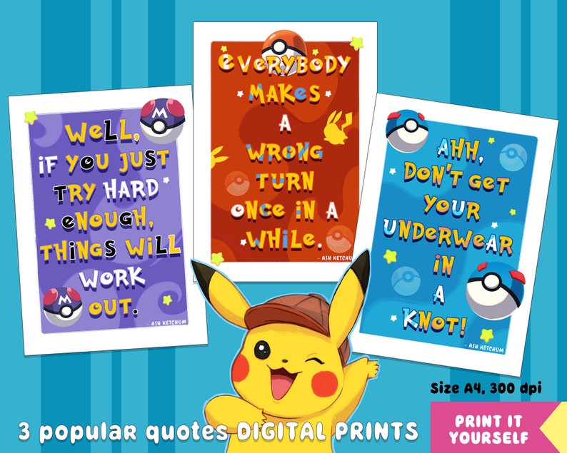 3 Digital Print Pokemon Ash Ketchum Quotes Posters for Etsy