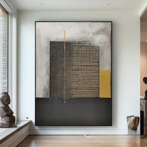 Modern Abstract Textured Wall Art, Gold Black Geometric Textured Painting, Metallic Contemporary Canvas Art, Large Minimalist Home Decor