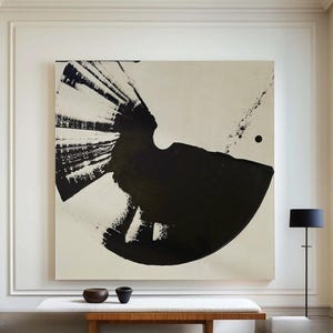 Peinture abstraite moderne blanche et noire, toile beige, art mural wabi-sabi, spirale, art minimaliste, fait main, toile pour salon, décoration de bureau